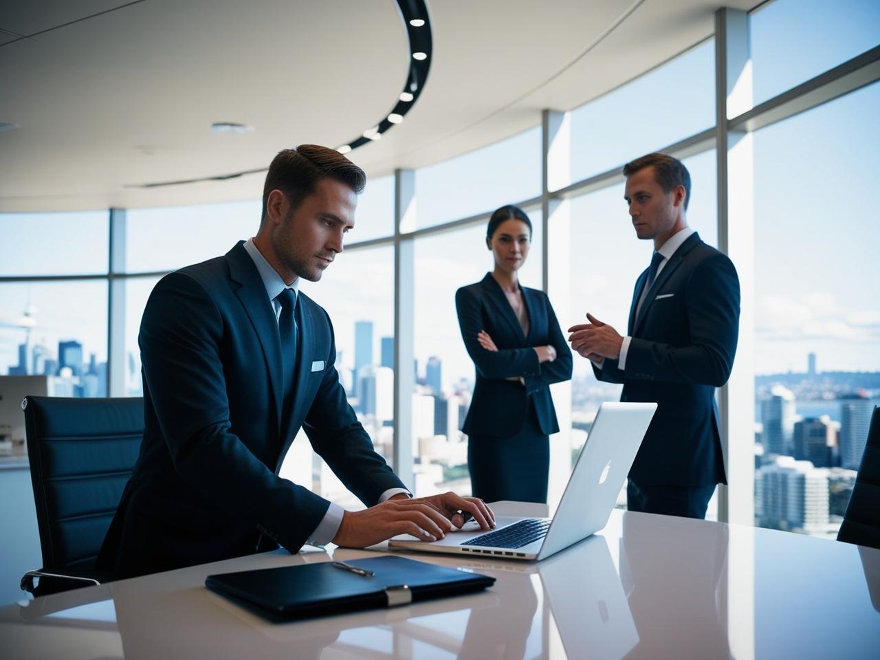 Finance brokers discussing strategies in a modern office with a Perth skyline view.